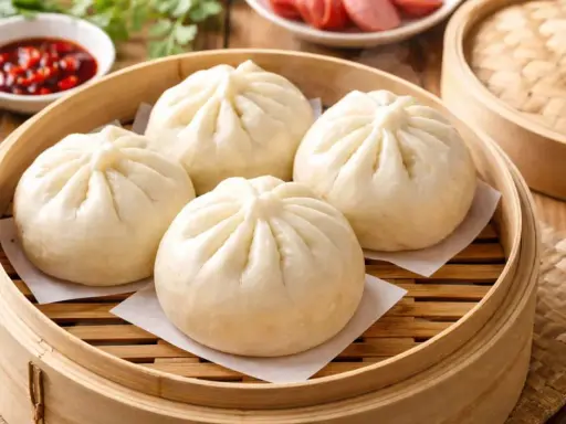 Färska, ångade bao buns i bambukorg. Perfekt för ett enkelt bao buns recept.