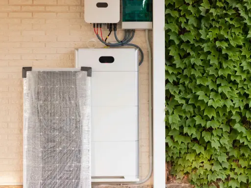 Ein weißer Redox-Flow-Heimspeicher steht neben einer verpackten Solaranlage an einer Ziegelwand, bedeckt mit Efeu.