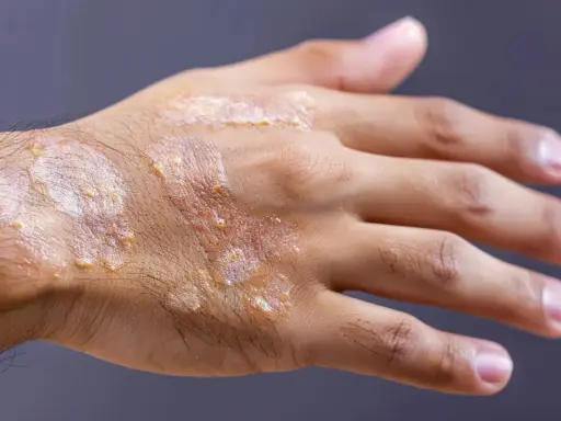 Main d'une personne atteinte de psoriasis, montrant des plaques rouges et squameuses. Une solution à base d'huile essentielle pourrait aider à soulager ces symptômes.