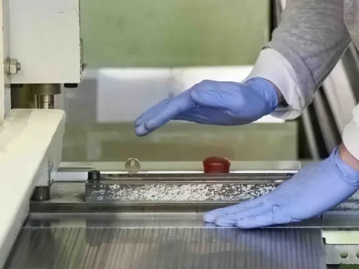 Manos enguantadas operan una máquina que parece ser una cizalla, lista para cortar material.