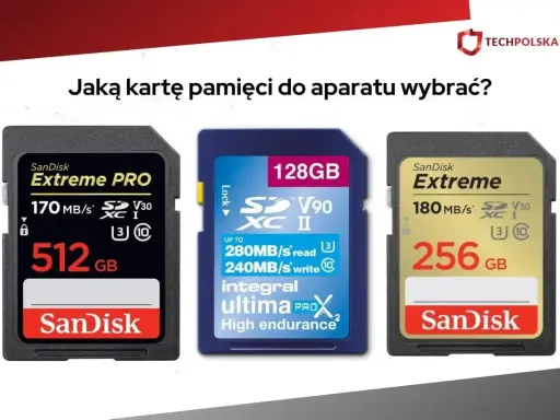Trzy karty pamięci SanDisk: 512 GB Extreme PRO, 128 GB Integral Ultima ProX2 i 256 GB Extreme. Wybierz odpowiednią kartę flash do swojego aparatu.