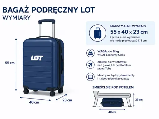 Granatowy bagaż podręczny LOT o wymiarach 55x40x23 cm, idealny na podróż.