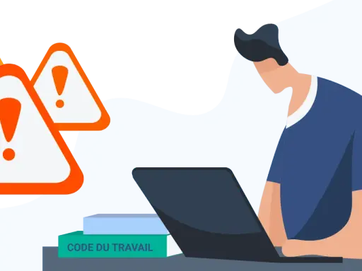Personne travaillant sur un ordinateur portable, entourée de panneaux d'avertissement. Le livre "Code du Travail" est visible, soulignant le risque télétravail.