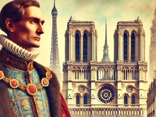 Un nobile con collare a gorgiera e abiti sfarzosi guarda verso Notre Dame e la Torre Eiffel. Parigi val bene una messa, un'immagine che evoca storia e grandezza.