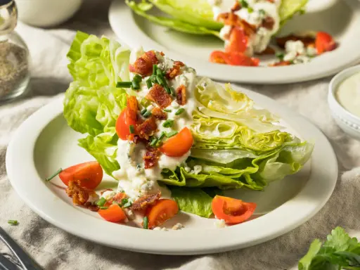 Eisbergsalat-Rezept: knackige Salatspalten mit cremiger Blauschimmelkäse-Dressing, Speck und Tomaten.