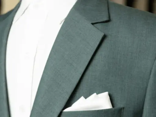 A close-up of a teal suit jacket shows the lapel and a crisp white pocket square.