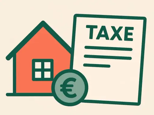Maison, pièce de monnaie euro et document "TAXE". Illustration symbolisant la taxe foncière terrain nu.