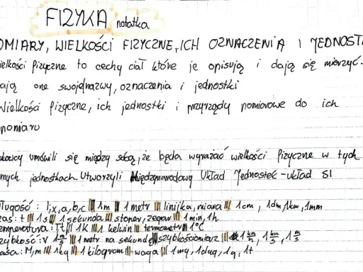 Notatki z fizyki: pomiary, wielkości fizyczne, jednostki. Szybkość mierzona w metrach na sekundę.