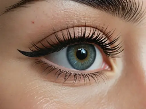 Œil bleu perçant avec un trait d'eye-liner fin et des cils longs. Le sourcil effet poudré encadre parfaitement le regard.