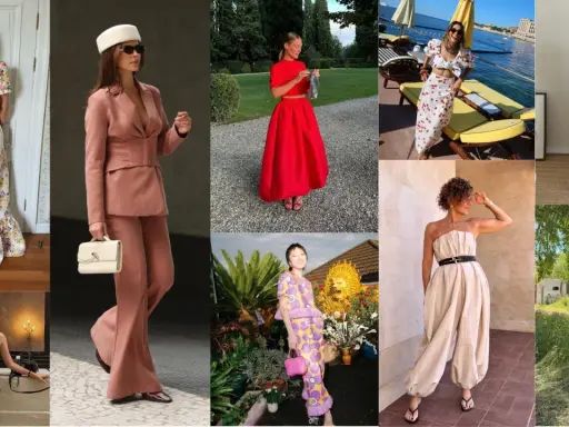 A collage of women in stylish, no suit wedding attire. Looks include floral maxi dresses, a pink pantsuit, a red ensemble, and a cherry-print outfit.