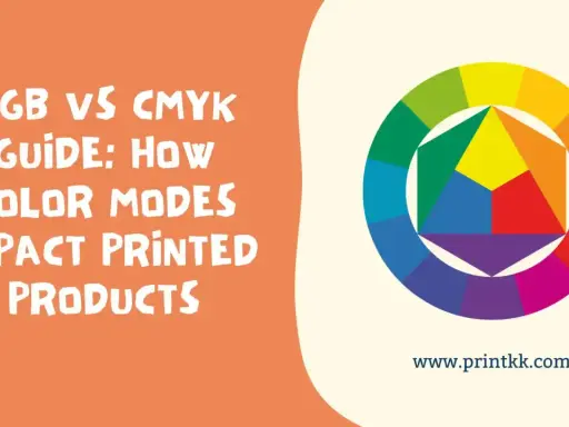 Guía: RGB vs CMYK, cómo los modos de color impactan productos impresos. Rueda de colores y texto.