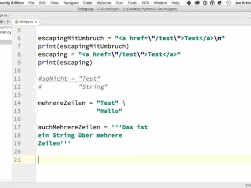Python-Code zeigt, wie man mit `print` ohne Zeilenumbruch arbeitet, indem man Strings mit `\n` oder durch Aneinanderreihung erstellt.