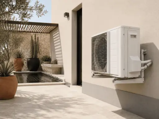 Unité extérieure d'une pompe à chaleur air air ou air eau, fixée sur un mur de maison, avec une piscine et des plantes en arrière-plan.
