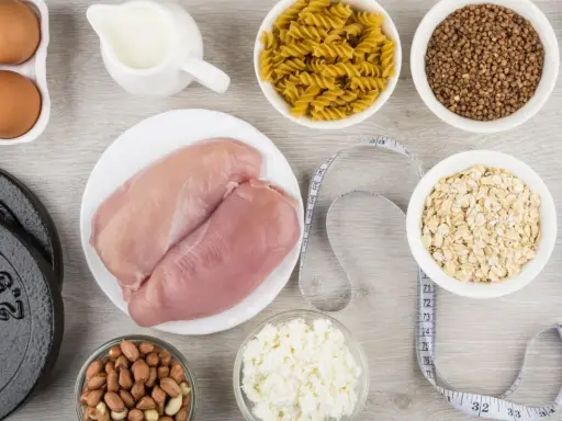 Składniki na dietę na masę mięśniową: kurczak, jajka, mleko, płatki owsiane, makaron, kasza gryczana, orzeszki ziemne, twaróg, hantle i skakanka.