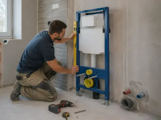 Instalator sprawdza poziomem stelaż podtynkowy WC, przygotowując łazienkę do montażu.