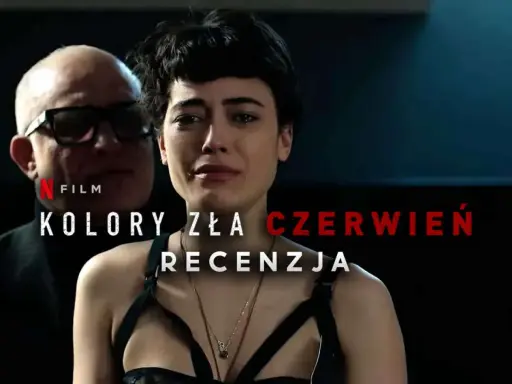 Płacz kobiety w czerni, obok niej mężczyzna w okularach. Napis "Kolory zła czerwień" sugeruje mroczną historię.