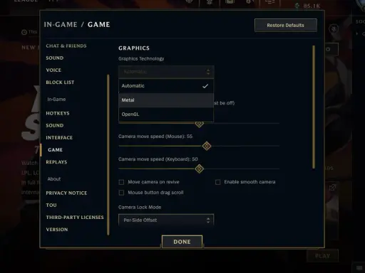 Ustawienia grafiki w League of Legends na Macu. Wybór technologii graficznej, prędkości kamery i trybu blokady kamery.
