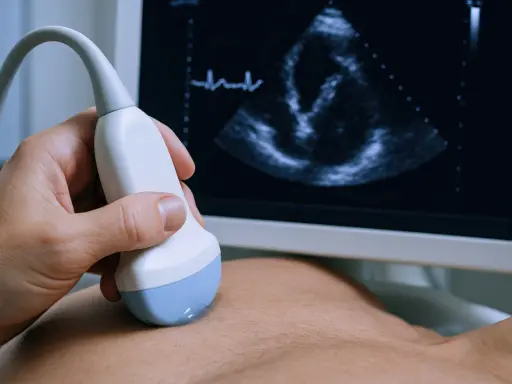 Dłoń trzyma sondę USG, która bada echo serca co wykrywa jego pracę. Na ekranie widać obraz serca i zapis EKG.