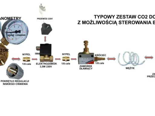 Schemat zestawu do podawania CO2 w akwarium: butla, reduktor, elektrozawór, wężyk, dyfuzor.