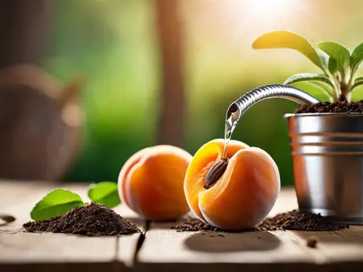 Un noyau d'abricot est arrosé, prêt à être planté. Une jeune pousse grandit dans un pot.