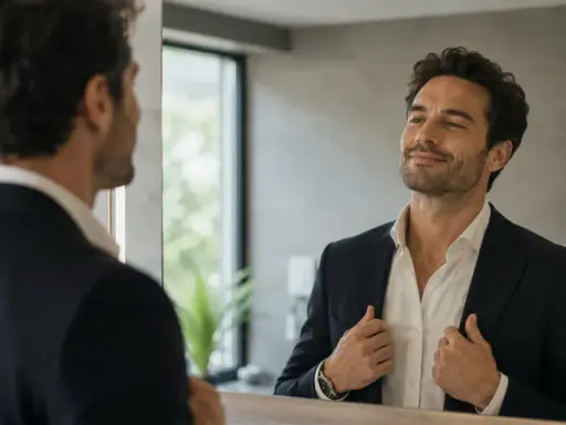 Uomo in giacca e camicia bianca si guarda compiaciuto allo specchio. Impara come comportarsi con un narcisista.