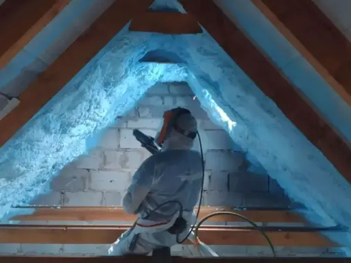 Pracownik w kombinezonie wykonuje ocieplanie pianką PUR poddasza. Pianka pokrywa drewniane belki i ściany z pustaków.