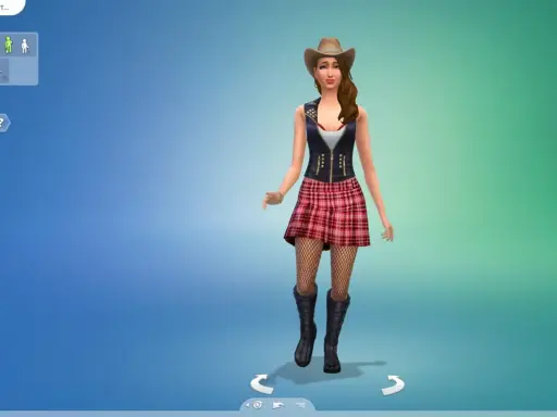 Symulator życia z **mod na więcej cech the sims 4**. Dziewczyna w kowbojskim kapeluszu i kratce.