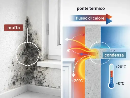 Muffa e condensa causate da un ponte termico finestra. Soluzioni per eliminare ponte termico finestra e prevenire la muffa.