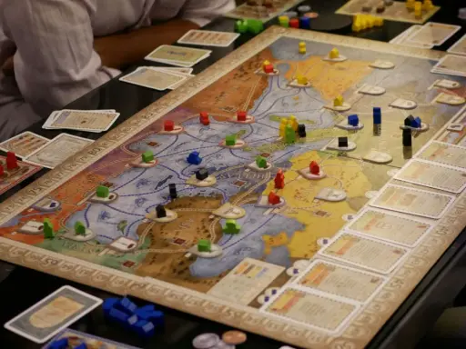 Intensywne granie w gry planszowe. Gracze strategicznie rozmieszczają drewniane pionki na mapie, budując imperium.
