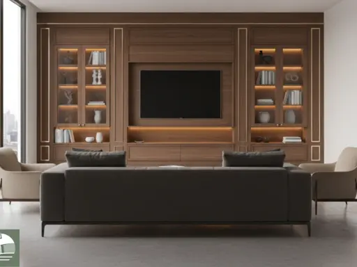 Un salotto classico elegante con divano scuro, poltrone chiare e un'imponente libreria in legno con TV centrale.