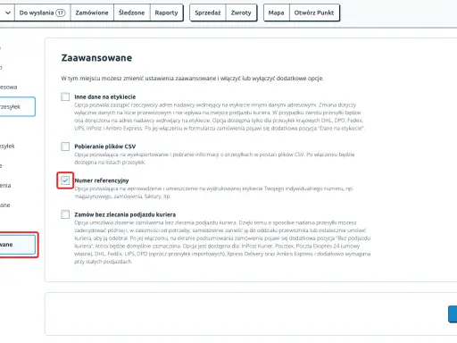 Ustawienia zaawansowane: numer zwracanej paczki gdzie jest, opcja numeru referencyjnego zaznaczona.
