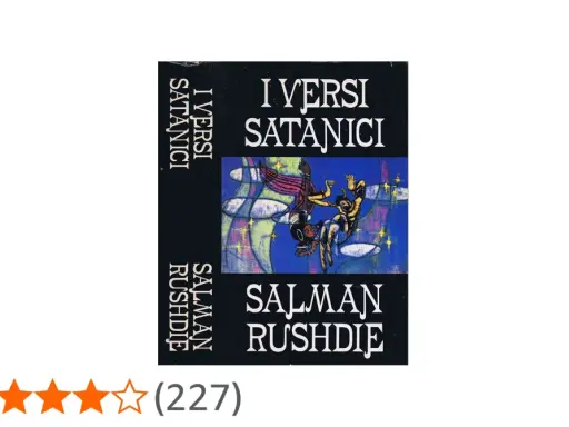 Copertina del libro "I versi satanici" di Salman Rushdie, con un'illustrazione astratta e figure stilizzate.