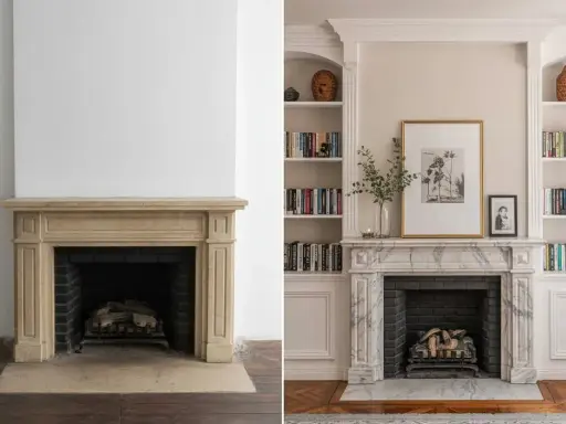Avant/après : une cheminée ancienne transformée avec une décoration élégante, des étagères remplies de livres et une œuvre d'art.