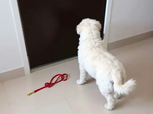 Mon chien ne veut plus rentrer dans la maison. Il regarde la porte, sa laisse rouge abandonnée sur le sol.