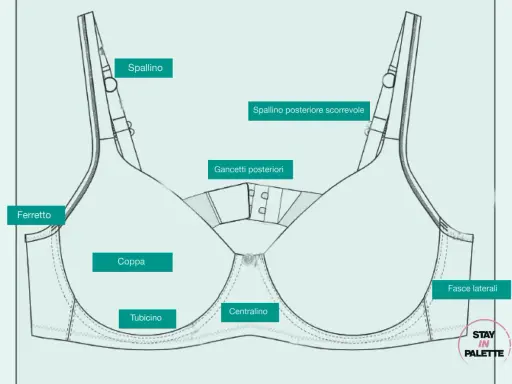 Schema di un reggiseno con etichette che indicano le parti: spallino, ferretto, coppa, tubicino, centralino, gancetti posteriori, fasce laterali. Le coppe sono disegnate per contenere le tette che escono dal reggiseno.