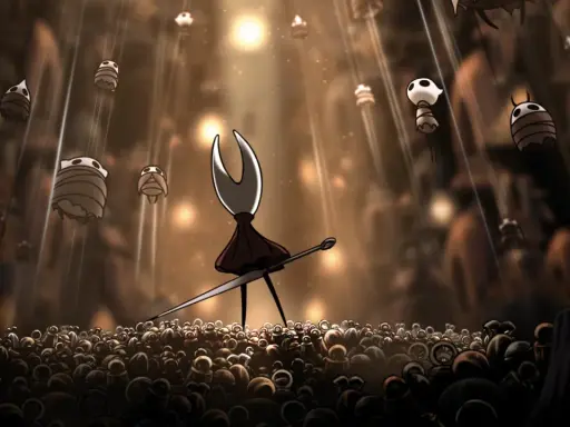 Hornet, bohaterka Hollow Knight: Silksong, stoi na tle tłumu i unoszących się postaci.