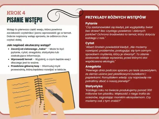 Jak napisać skuteczny wstęp do eseju? Poznaj przykłady: pytanie, cytat, anegdota, statystyka. Dobry wstęp to klucz do zainteresowania czytelnika.