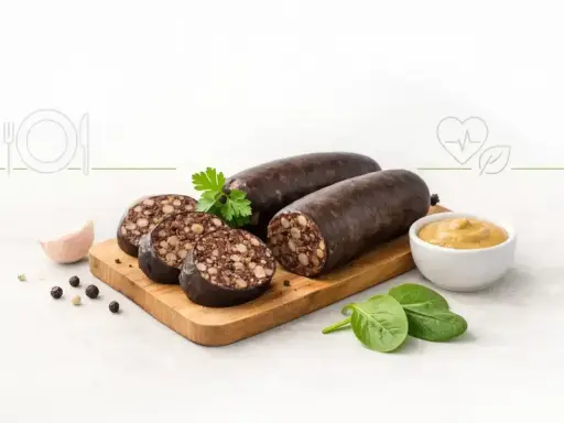 Kaszanka pokrojona na plastry, całe kawałki, musztarda, czosnek i przyprawy na desce.
