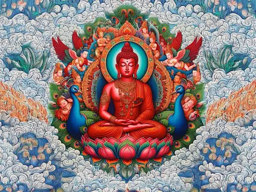 En röd Amitabha Buddha sitter i lotusställning, omgiven av påfåglar, änglar och moln i en livlig, detaljerad konststil.