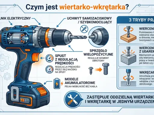 Ilustracja przedstawia budowę wiertarko-wkrętarki, jej rodzaje i tryby pracy: wiercenie, wiercenie z udarem i wkręcanie.