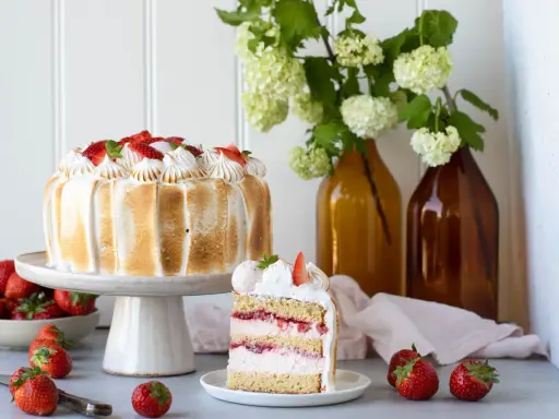 Eine köstliche Erdbeer Baiser Torte mit frischen Erdbeeren und zartem Baiser. Ein Stück der Torte zeigt die saftigen Schichten.