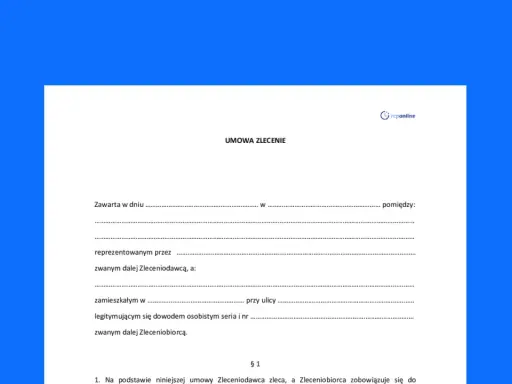 Umowa zlecenie 2026 zmiany. Dokument zawiera nagłówek "UMOWA ZLECENIE" oraz pola do wypełnienia danych stron i szczegółów umowy.