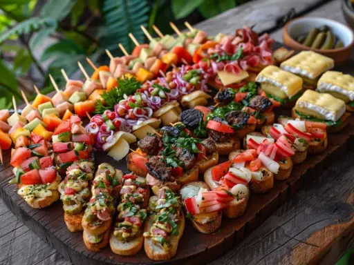 Plateau d'amuse-bouches variés : brochettes de fruits et légumes, toasts garnies de viandes, fromages et crudités. Parfait pour une recette apéro rapide et conviviale.