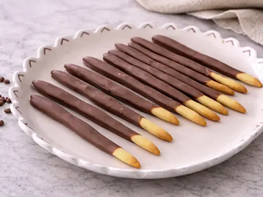 Assiette de mikado maison, bâtonnets de biscuit enrobés de chocolat, avec quelques grains de café à côté.
