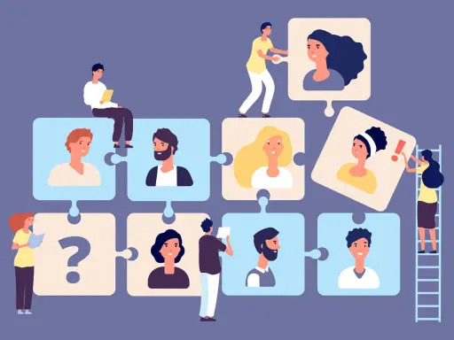Menschen fügen Puzzleteile mit Porträts zusammen. Ein Fragezeichen deutet auf den Wandel der Arbeitswelt, Beispiele für neue Teamkonstellationen.