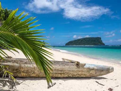 Piękna plaża na wyspach Samoa z tradycyjną łodzią i palmą w tle.