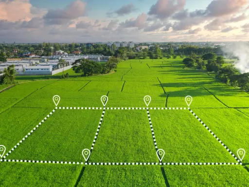 Zielone pole ryżowe z zaznaczonymi granicami działki, sugerujące planowanie inwestycji i potencjalną opłatę adiacencką.