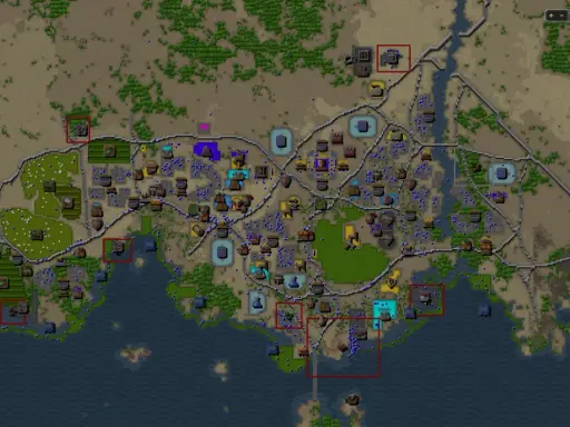 Mapa z gry Songs of Syx: rozbudowana osada nad wodą, z polami, lasami i zaznaczonymi obszarami.