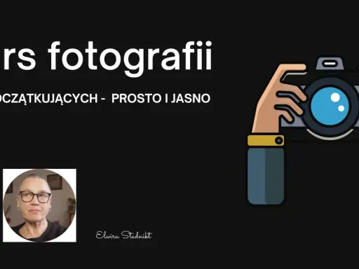 Kurs fotografii dla początkujących. Ilustracja dłoni trzymającej aparat, zdjęcie prowadzącej i napis.