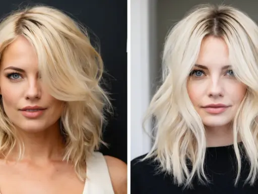 Zwei Porträts einer Frau mit blonden Haaren. Auf der linken Seite sind ihre Haare heller geworden, mit einem deutlichen Unterschied zu den dunkleren Ansätzen.